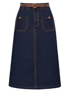 High Waisted Dark Denim Jean Skirt with Belt