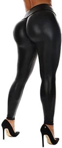SEASUM Women's Black Faux Leather High-Waisted Leggings
