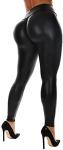 SEASUM Women's Black Faux Leather High-Waisted Leggings