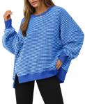 Blue Striped Oversized Waffle Knit Sweatshirt
