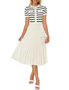ZESICA Women's Casual Striped Midi Dress, Beige