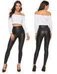 SEASUM Women's Black Faux Leather High-Waisted Leggings