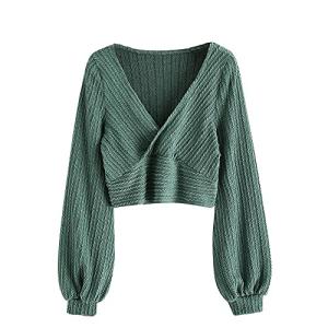 ZAFUL Women's Green Cropped V-Neck Knit Top