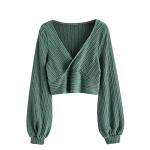 ZAFUL Women's Green Cropped V-Neck Knit Top