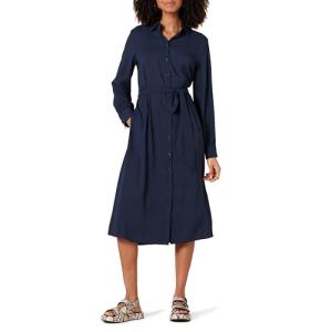 Navy Long Sleeve Midi Shirt Dress for Women