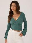 ZAFUL Women's Green Cropped V-Neck Knit Top