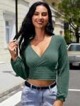 ZAFUL Women's Green Cropped V-Neck Knit Top