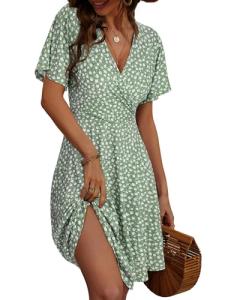 Summer Wrap V Neck Green Cottagecore Dress