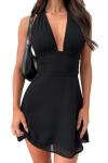 GOKATOSAU Women's Black Halter Backless Mini Dress