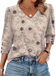 XIEERDUO Women's Casual Floral V Neck Blouse