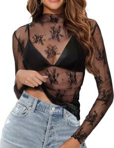 Lace Sheer Long Sleeve Floral Top for Women