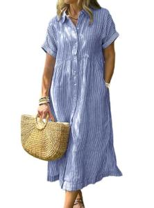 Chouyatou Women's Striped Midi Shirt Dress - Blue