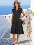 ANRABESS Women's Black Boho Ruffle Sleeve Midi Dress