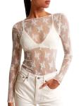 Mesh Boat Neck Long Sleeve Sheer Lace Top