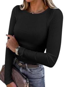 ANRABESS Women’s Rib Knit Long Sleeve Tee Black