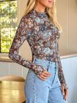Floral Lace Sheer Mockneck Top for Women