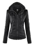 Faux Leather Moto Biker Jacket with Hood - Black