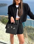 Oversized Black Crop Bomber Jacket for Women