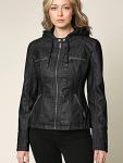 Faux Leather Moto Biker Jacket with Hood - Black