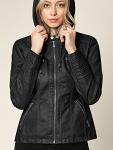 Faux Leather Moto Biker Jacket with Hood - Black