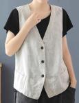 Beige Linen Sleeveless Blazer Vest for Women