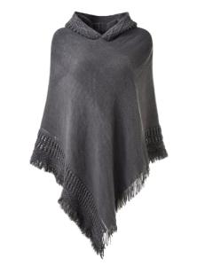 Grey Hooded Cape Poncho with Fringed Hem