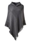 Grey Hooded Cape Poncho with Fringed Hem