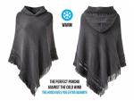 Grey Hooded Cape Poncho with Fringed Hem