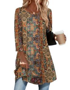 Zeagoo Boho Round Neck 3/4 Sleeve Tops