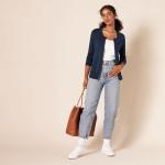 Women's Navy Crewneck Cardigan Sweater, Plus Size