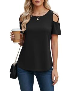 Cold Shoulder Short Sleeve Top for Women, Black