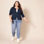 Women's Navy Crewneck Cardigan Sweater, Plus Size