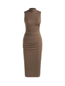 High Neck Sleeveless Bodycon Midi Dress - Brown