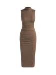 High Neck Sleeveless Bodycon Midi Dress - Brown