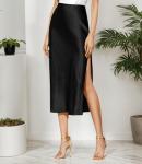 Black Satin Silk High Waist Slit Midi Skirt