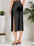 Black Satin Silk High Waist Slit Midi Skirt