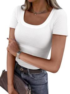 Short Sleeve Scoop Neck Ribbed Tee for Women