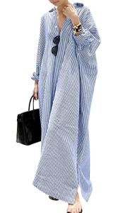 Chouyatou Women's Striped Cotton Maxi Shirt Dress
