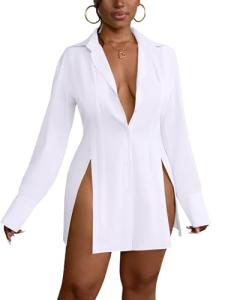 LYANER Women's Long Sleeve Button Down Shirt Dress