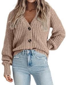 Zeagoo Women's V-Neck Cropped Chunky Cardigan