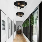 Black Flush Mount Ceiling Light with Seeded Glass