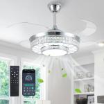 SAMPHON 42" Retractable Ceiling Fans with Lights, Crystal Chandelier Ceiling Fan with Remote & APP Control, Modern Dimmable LED Fandelier for Living Room, Dinning Room, Bedroom (Silver)