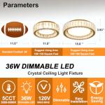 Suenigle Modern K9 Crystal Dimmable LED Flush Mount Ceiling Light,15 Inch 36W/5CCT 3000K-6000K,Luxury Gold Round Large Close to Ceiling Lighting Fixtures for Living Room,Kitchen,Bedroom,Dining Room