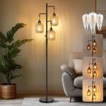 Dimmable Boho Rattan Floor Lamp with 3 Lights