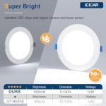 icicar 12 Pack 6 Inch LED Recessed Ceiling Lights, Dimmable 2700K-5000K 5CCT 1200LM 12W 120V High Brightness Canless Wafer Downlight - ETL&FCC&IC