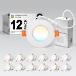 ASD 12 Pack 3 Inch LED Recessed Light 6W, 5 CCT 2700K-5000K CRI90+, IC Rated Ultra Thin Dimmable Ceiling Lights with J Box, Canless Wafer Downlight, Round Slim Panel Lighting, UL Energy Star, White
