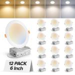 MAILCOS 12 Pack 6 Inch 5CCT Ultra-Thin LED Recessed Ceiling Light with Junction Box, 2700K-5000K Selectable, 1050LM High Brightness, Dimmable Canless Wafer Downlight, 12W 120V, ETL