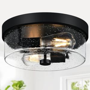 Black Flush Mount Ceiling Light with Seeded Glass