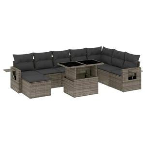 9-Piece Grey Rattan Outdoor Sofa Set