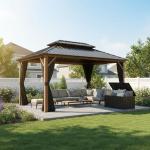 PURPLE LEAF 10' X 14' Hardtop Gazebo with Storage Box Outdoor Wood Grain Aluminum Frame Galvanized Steel Double Roof Gazebos with Netting and Curtains for Patio Deck Backyard Garden